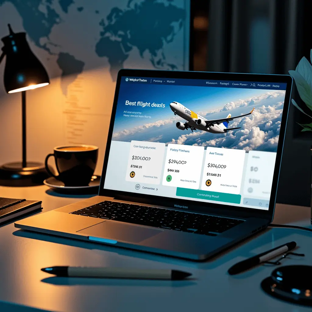 A traveler’s desk with a laptop displaying the best flight deals to Paris, accompanied by a world map, coffee, and travel brochures, creating an atmosphere of adventure and wanderlust.