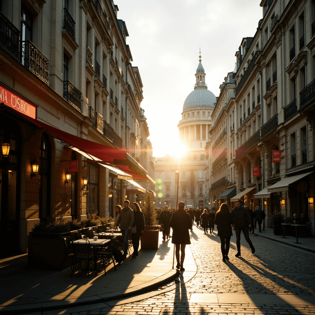 A vibrant and cozy Parisian neighborhood with charming streets lined with cafes and boutiques, showcasing a peaceful atmosphere in a residential area of Paris. Explore Paris' hidden gems away from the crowds.