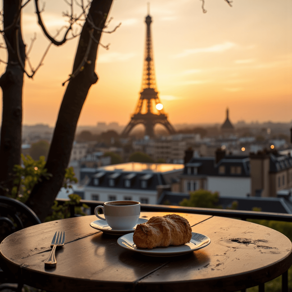 A rooftop café in Paris at sunset, offering a stunning view of the Eiffel Tower, where a traveler enjoys a French pastry and espresso. Experience the best places to drink in Paris while enjoying breathtaking views.